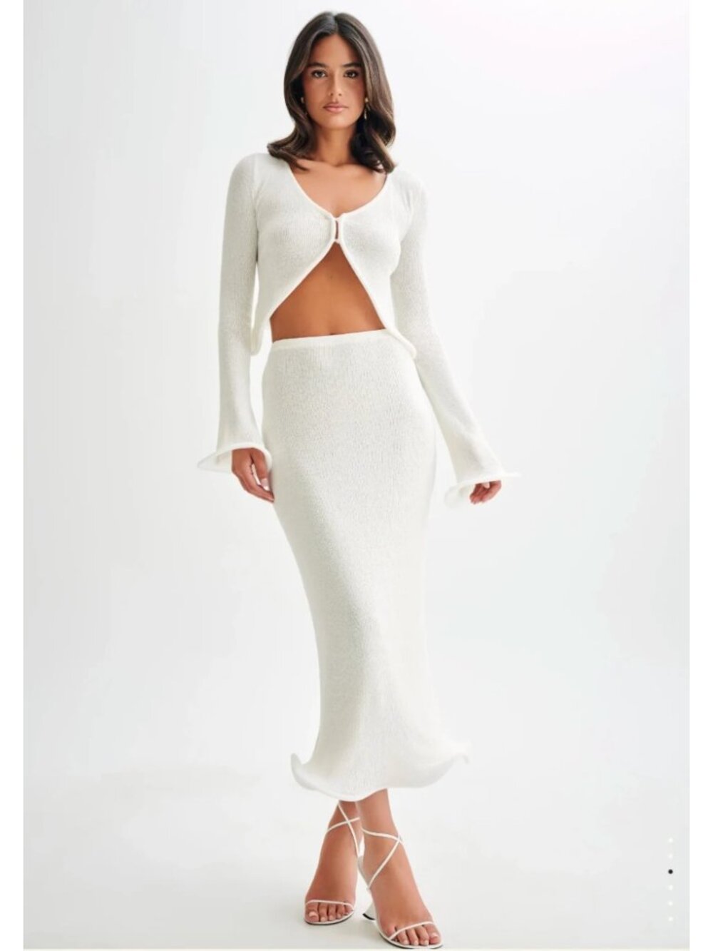 Meshki Gigi Long Sleeve Knit Set Scoop Neck Top & Maxi Skirt Ivory Size XXS